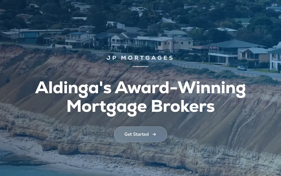 The JP Mortgages homepage: an aerial photo of the Aldinga cliffs under the heading Aldinga's award-winning mortgage brokers