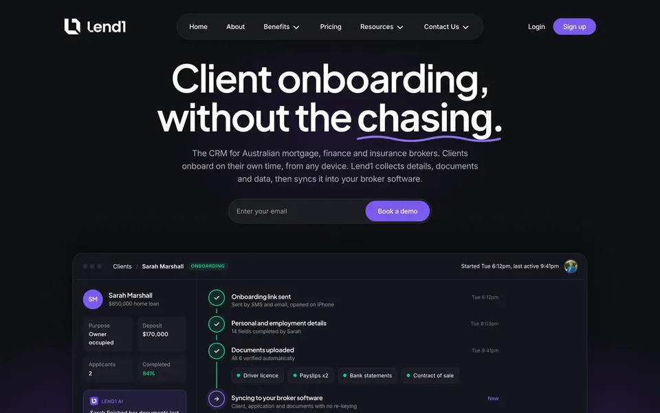 The public homepage of a broker onboarding platform: client onboarding without the chasing, above a dashboard tracking a client from onboarding link sent through to application lodged